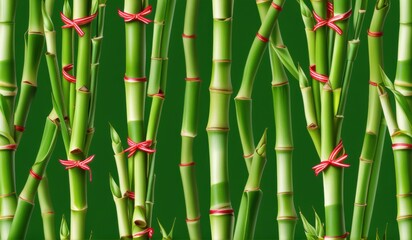 Fototapeta premium A dense grove of tall, slender bamboo stalks bathed in warm sunlight, creating a serene and tranquil scene.