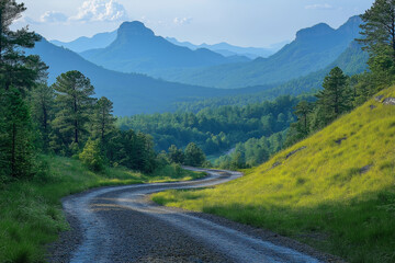 Fototapeta premium Photo réaliste professionnelle d’une route courbée traversant un paysage vallonné avec brouillard et lumière du soleil