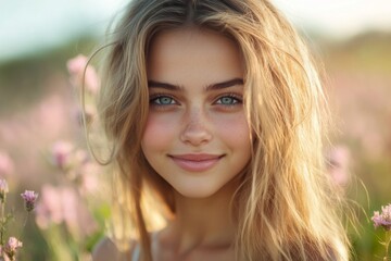 Naklejka premium Blonde woman in a flower field looking at the camera on a sunny day
