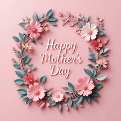 Obraz premium Elegant Mother’s Day Greeting Card with Paper-Cut Flowers and Foliage on a Soft Pastel Pink Background