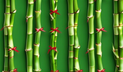 Fototapeta premium A dense grove of tall, slender bamboo stalks bathed in warm sunlight, creating a serene and tranquil scene.