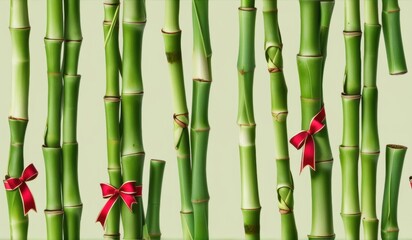 Obraz premium A dense grove of tall, slender bamboo stalks bathed in warm sunlight, creating a serene and tranquil scene.