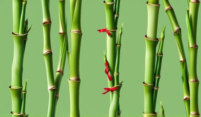 Obraz premium A dense grove of tall, slender bamboo stalks bathed in warm sunlight, creating a serene and tranquil scene.