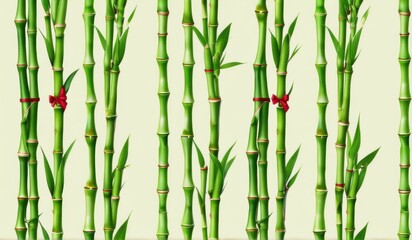 A dense grove of tall, slender bamboo stalks bathed in warm sunlight, creating a serene and tranquil scene.