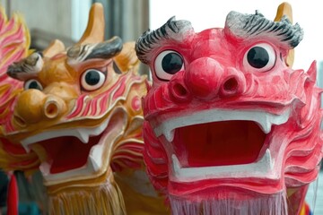 Naklejka premium Vibrant red and yellow traditional chinese dragon masks