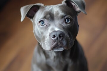 Portrait of adorable gray pit bull puppy looking at viewer