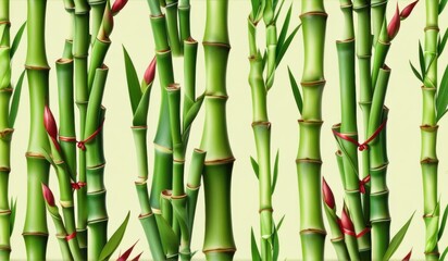 A dense grove of tall, slender bamboo stalks bathed in warm sunlight, creating a serene and tranquil scene.