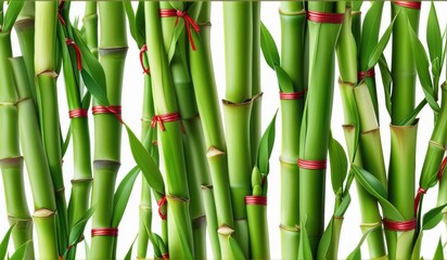 Fototapeta premium A dense grove of tall, slender bamboo stalks bathed in warm sunlight, creating a serene and tranquil scene.