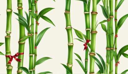 Naklejka premium A dense grove of tall, slender bamboo stalks bathed in warm sunlight, creating a serene and tranquil scene.