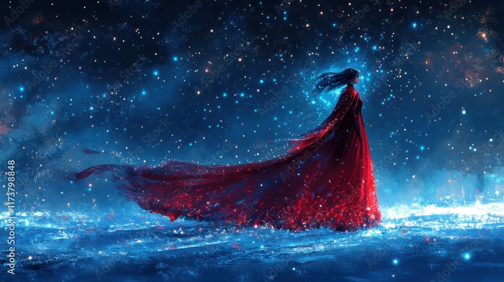 Poster starlit visions unfold as a figure in red gracefully wanders through a cosmic expanse under shimmeri