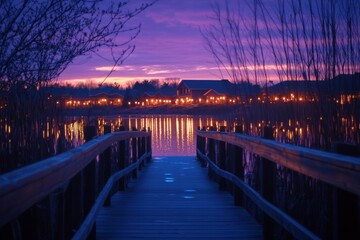 Obraz premium Wooden pier lit by purple and pink sky at dusk