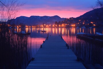 Obraz premium Colorful glowing sunset sky over a serene wooden dock