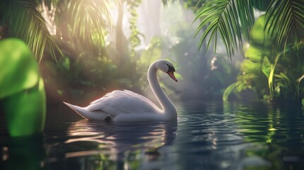 Obraz premium Majestic white swan gracefully glides on tranquil tropical pond, sunlit foliage.