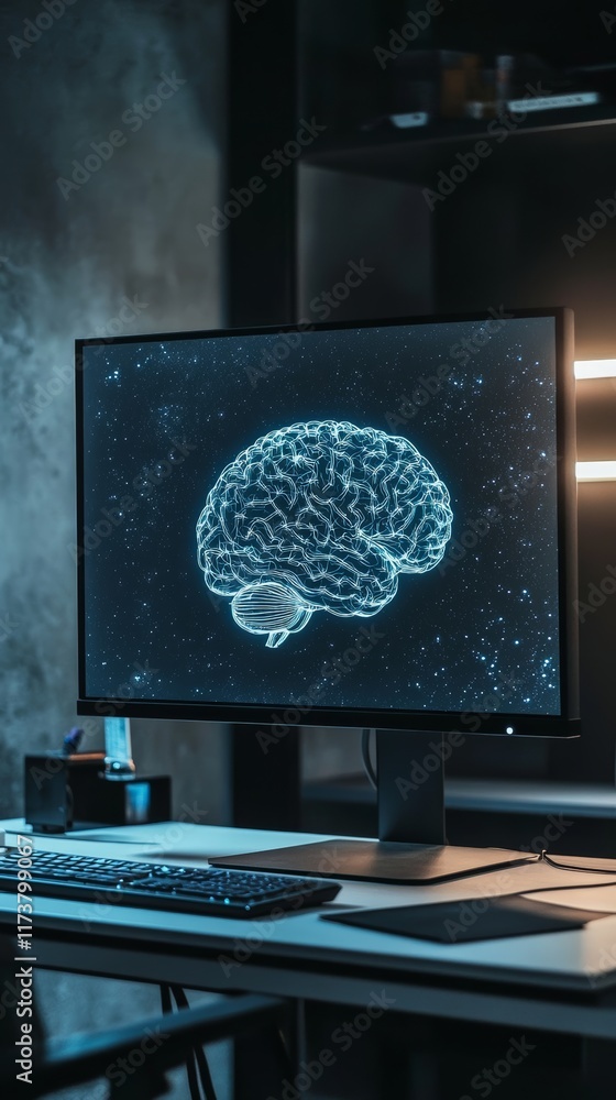 Poster Glowing digital polygonal brain on computer monitor in modern office at night symbolizing neuroscience, artificial intelligence, and advanced medical technology