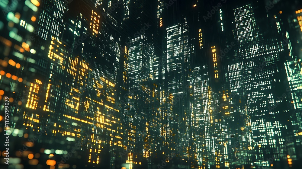Poster digital cityscape illuminated with glowing data streams