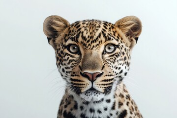 Fototapeta premium Leopard cub staring with intense gaze on white background