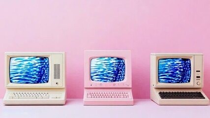 Three vintage computers displaying dynamic noise on screens, set against a pastel pink background. This nostalgic setup captures technology evolution
