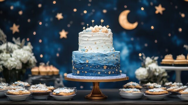 Elegant celestial themed dessert table with starry night cake and assorted pastries for a magical celebration. Generative AI