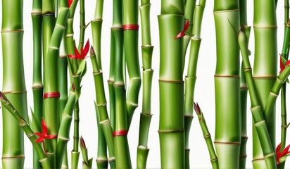 A dense grove of tall, slender bamboo stalks bathed in warm sunlight, creating a serene and tranquil scene.