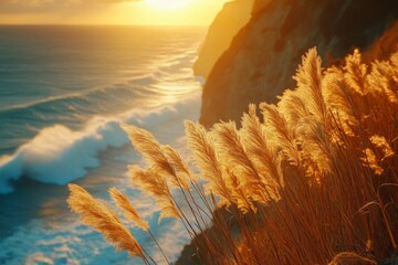 Waves crashing against rocky shore under golden sunlight