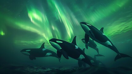 Fototapeta premium A pod of orcas swimming in crystal-clear Arctic waters under the northern lights