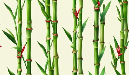 Obraz premium A dense grove of tall, slender bamboo stalks bathed in warm sunlight, creating a serene and tranquil scene.