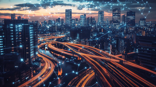 Futuristic cityscape with illuminated highways and digital network connections at dusk
