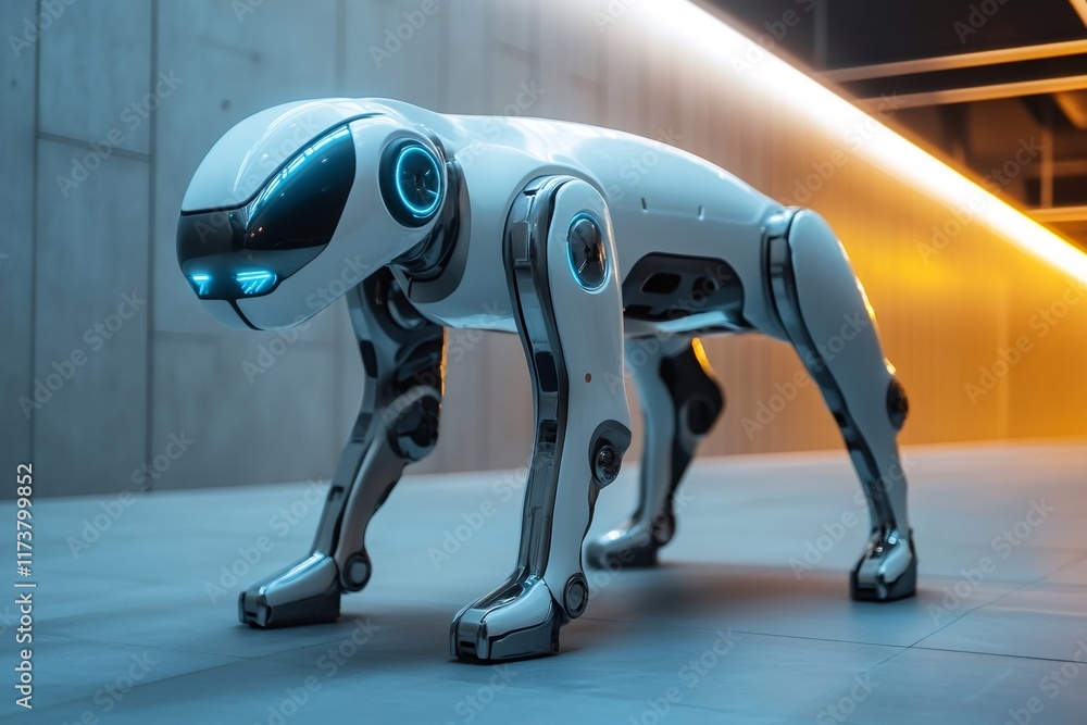 Poster Futuristic robot dog standing in modern corridor setting
