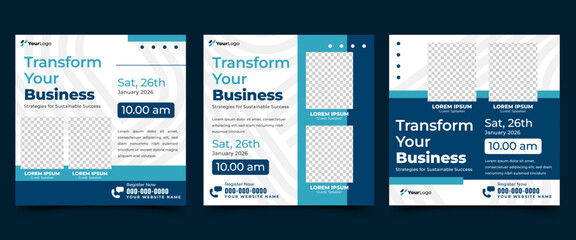 Set of professional business event social media templates designed for promoting seminars, workshops, or conferences