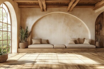 Sunlit Minimalist Living Room with Wooden Beams and Archway