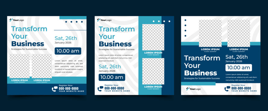 Set of professional business event social media templates designed for promoting seminars, workshops, or conferences