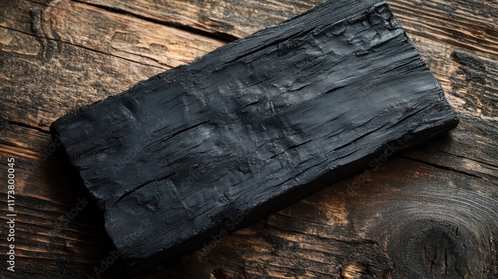Aufkleber unique charcoal block resting on a rustic wooden table creates a striking contrast in a cozy worksho