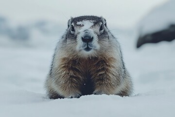 Obraz premium Marmot emerging from snow burrow in winter wonderland