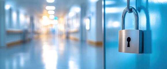 Padlock on door in blurred hospital corridor.