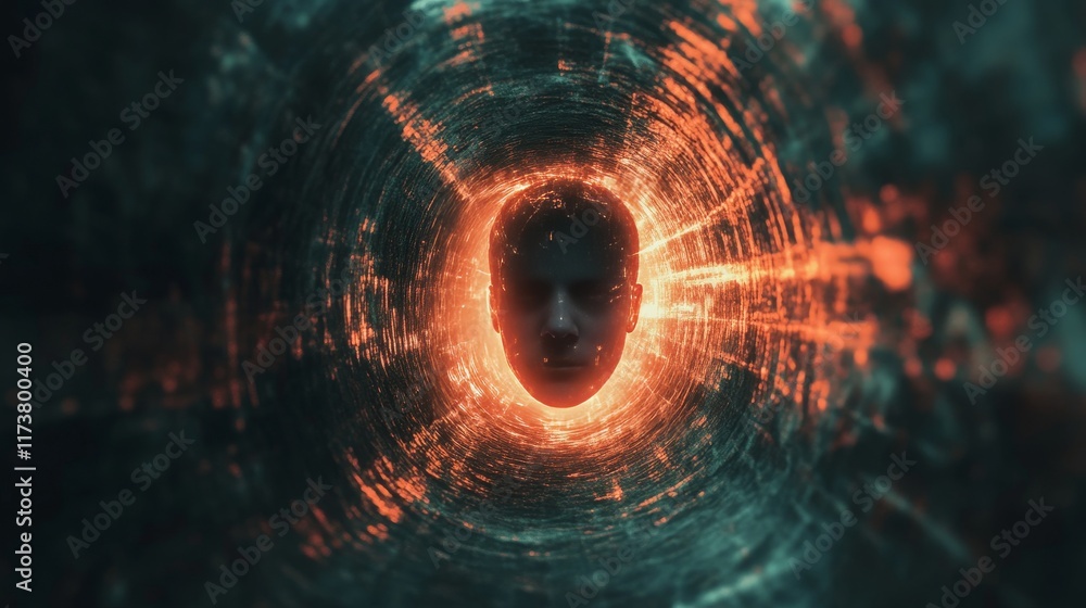 Poster abstract representation of a glowing face emerging from a circular pattern with a dark background an