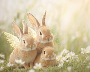 Obraz premium Enchanting family of bunnies with shimmering wings in a flower-filled meadow whimsical fantasy scene