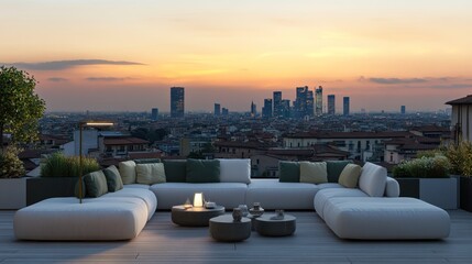 Naklejka premium Rooftop Sunset Cityscape Lounge