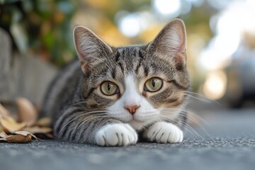 Naklejka premium Closeup portrait of a cute tabby cat lying on wooden floor