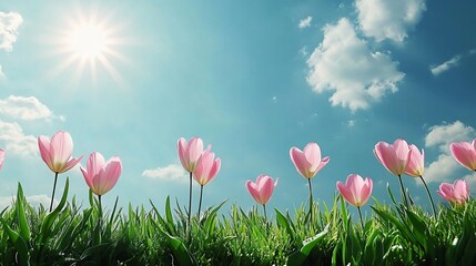 Pink Tulips in Sunny Meadow Spring Flowers