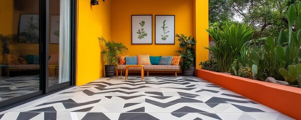 Fototapeta premium Artistic patio with bold geometric tiles and vibrant decor