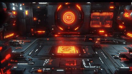 Dark sci-fi interior with glowing orange details. Ideal for game environments, music videos, or abstract motion graphics.