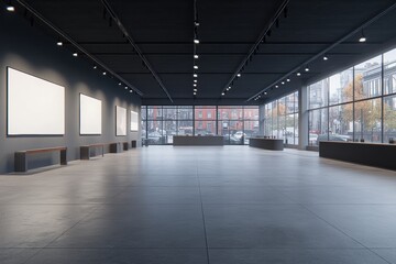 Obraz premium Modern Art Gallery Interior with Blank Canvases and City View
