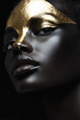 Metallic Black Woman's Face with Gold Accents in Minimalist Aesthetic