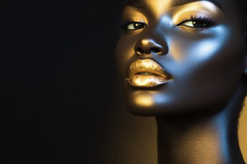 Metallic Black Woman's Face with Gold Accents in Minimalist Aesthetic