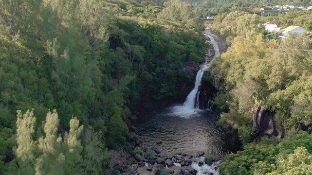 Aerial view on the Cascade Grand Galet and the Langevin basin of La Reunion island