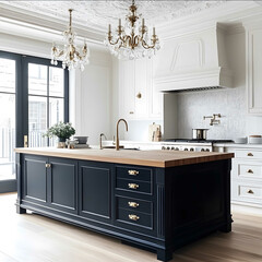 A kitchen island with white cabinets and a dark navy blue kitchen cabinet top complemented by a wood countertop A chandelier hangs from the ceiling and the floor is ma
