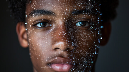 Portrait of a young african man with digital facial recognition patterns highlighting technology and identity in modern society