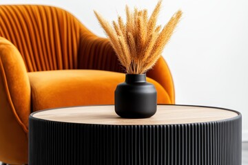 Stylish interior with orange chair and decorative vase, perfect for modern home decor inspiration.