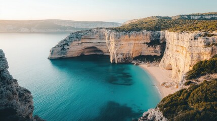 Secluded cove with turquoise water, white sand beach, and dramatic cliffs at sunrise.