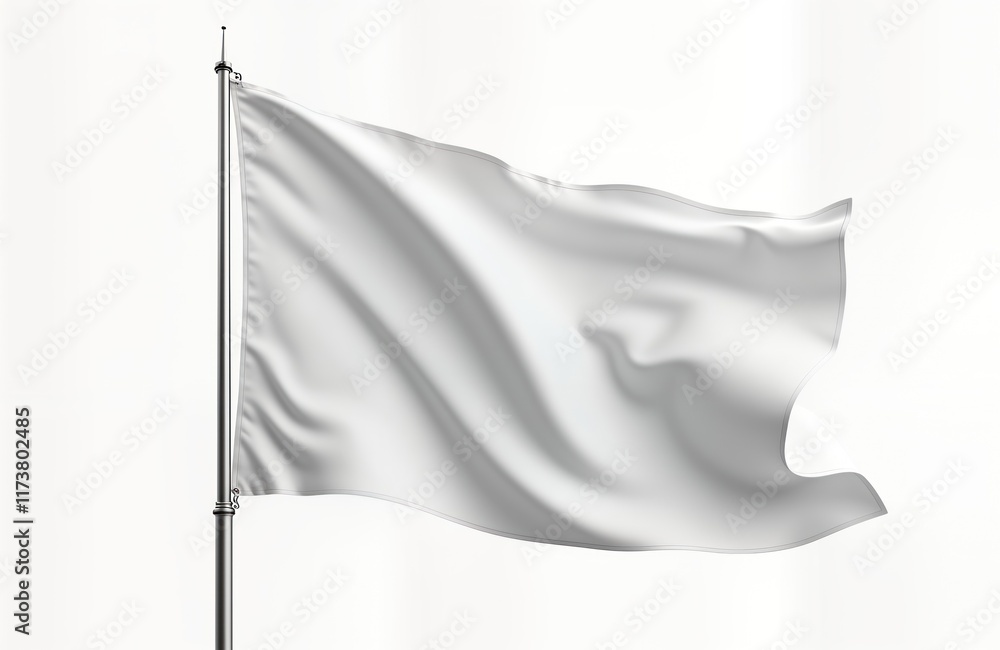 Poster blank white flag flapping on pole against white background. empty flag design. clean textile. versat